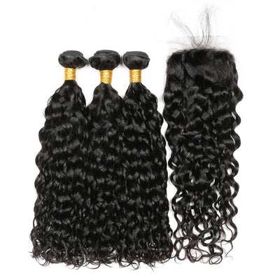 IE Hair Water Wave Bundles with Closure Unprocessed Human Hair Bundles with Lace Closure Natural Color Human Hair Weave 3 Bundles with Free Part Closure