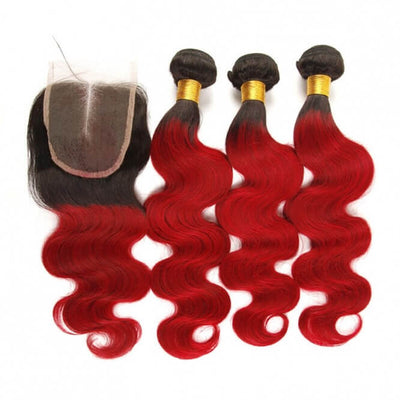 IE Hair 1b/red Body Wave Bundles with Closure 2 Tone Ombre Hair 3 Bundles With Closure Brazilian Remy Human Hair
