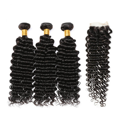 IE Hair Brazilian Virgin Hair Deep Wave Hair 3 Bundles With 4x4 Lace Closure, 10A Human Hair Weaves