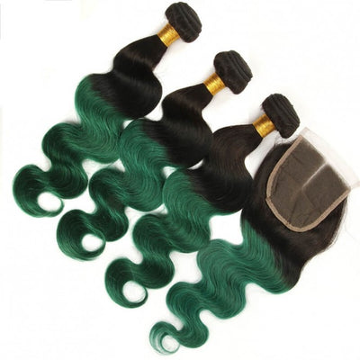 IE Hair Brazilian 3 Bundles Body Wave with Closure 1B/Green Ombre 100% Human Hair