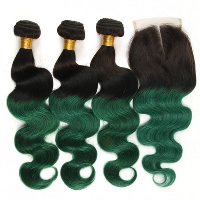 IE Hair Brazilian 3 Bundles Body Wave with Closure 1B/Green Ombre 100% Human Hair