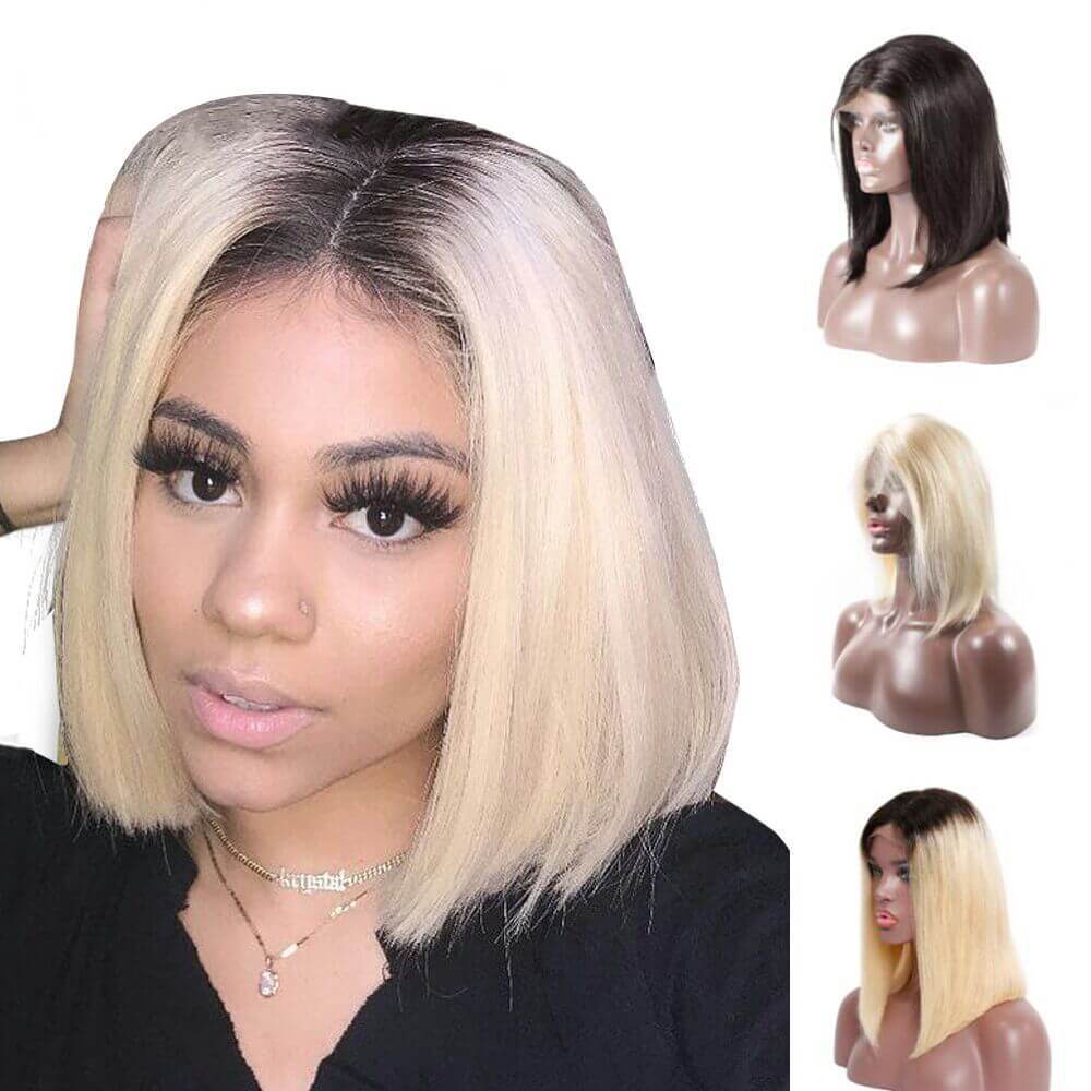 IE Hair Ombre Blonde 1B/613 Human Hair Lace Front Wigs Short Bob Straight Wigs
