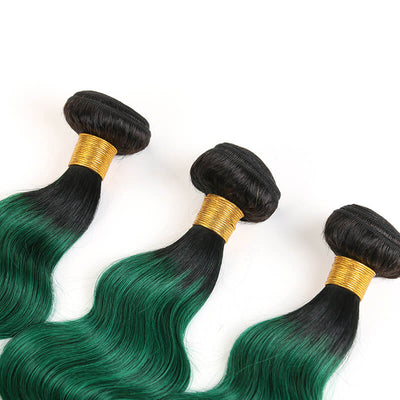 IE Hair Brazilian 3 Bundles Body Wave with Closure 1B/Green Ombre 100% Human Hair