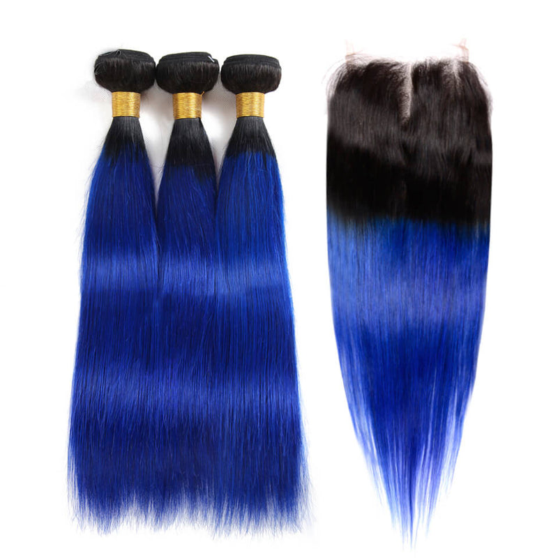IE Hair Brazilian 1B/Blue Ombre Straight 4Pcs Hair Bundles With Closure