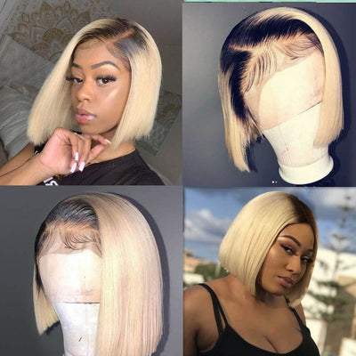 IE Hair Ombre Blonde 1B/613 Human Hair Lace Front Wigs Short Bob Straight Wigs