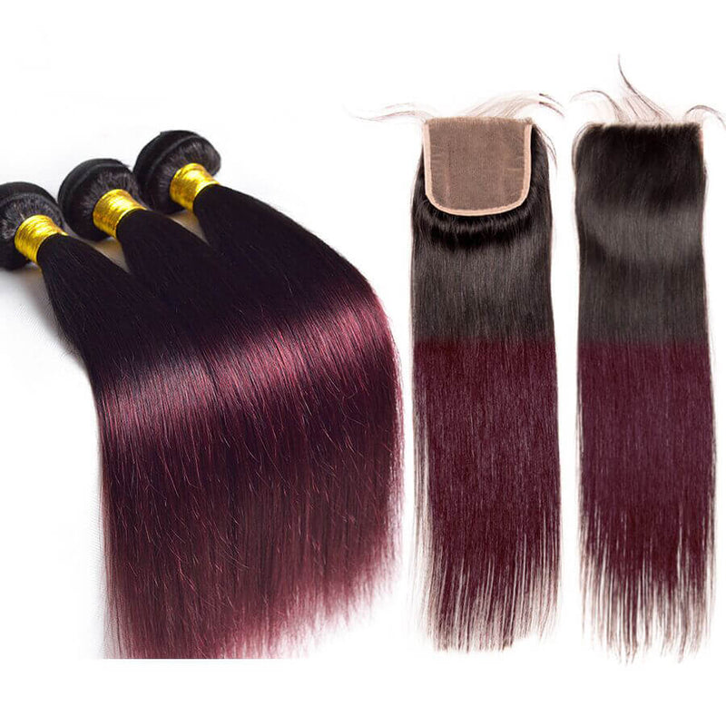  IE Hair Pre-Colored Ombre Brazilian Hair 3 Bundles With Lace Closure 1B 99J Straight Weave Human Hair 