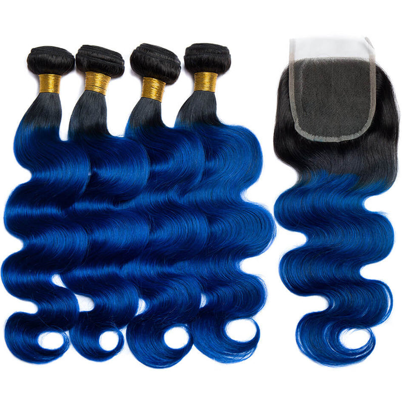 IE Hair 10A Ombre 1B/Blue Brazilian Body Wave 3Bunldes With Closure